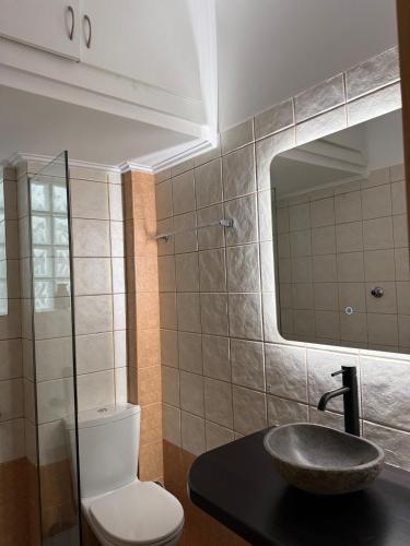 Un baño con lavabo, inodoro y espejo. en Achinoeè, en Chalkida