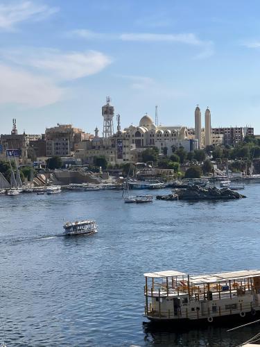 two boats on a river with a city in the background at Mostafa Jamaica guesthouse in Aswan