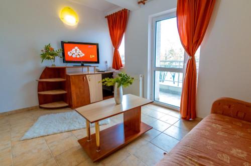 ein Wohnzimmer mit Fernseher, Couch und Tisch in der Unterkunft Hotel Corsa in Mangalia