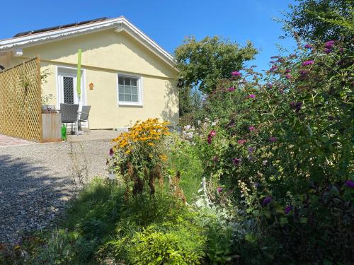 上罗伊特Allgäu- Ferienwohnung mit Hund的一栋房子前有一束鲜花