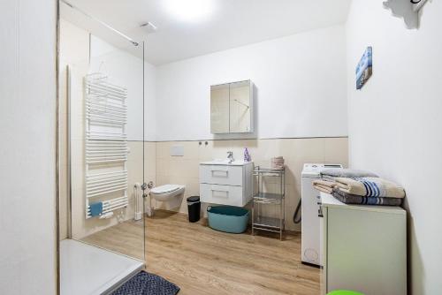 une salle de bain avec douche, lavabo et toilettes dans l'établissement Apartment On The Upper Floor, à Bokelrehm