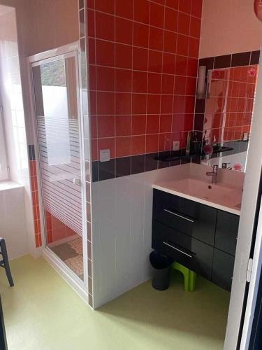 une salle de bain carrelée rouge avec un lavabo et une douche dans l'établissement La Saint-Mametoise, à Saint-Mamet
