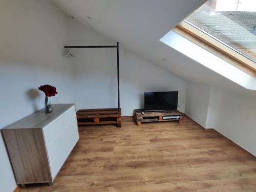 a attic living room with a television and a skylight at Duplex Central Eitorf in Eitorf