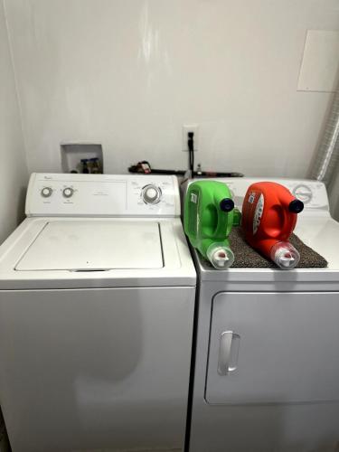 a washing machine with a green and red toy on top of it at Elegant Garden Suite Minutes Walk to Union Market and NoMa Metro in Washington, D.C.