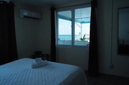 une chambre avec un lit avec vue sur l'océan dans l'établissement New 2 Bedroom Huge Beachfront Patio in San Pedro Town, à San Pedro