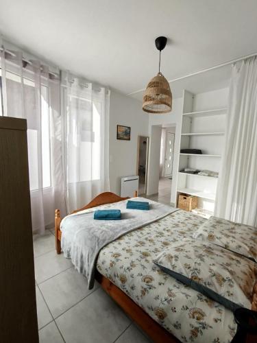 a bedroom with a bed with blue pillows on it at Appartement centre Ax-les-Thermes proche télécabines & parking in Ax-les-Thermes