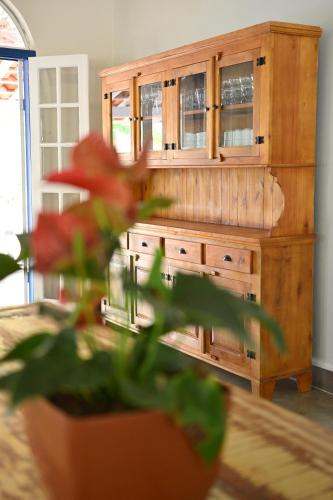 een houten kast in een woonkamer met een plant bij Quinta das Águas Hotel in Itapira