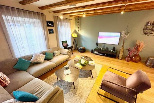 a living room with a couch and a flat screen tv at Luxury apartment in the city center in Strasbourg