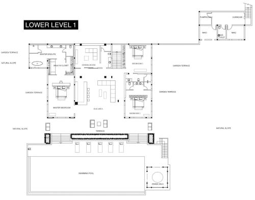 a floor plan of the lower level of a house at Ocean's 11 Villa in Ban Pa Khlok
