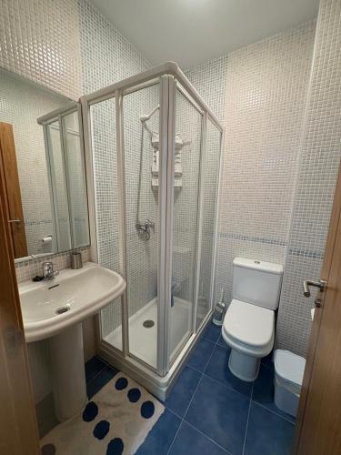 a bathroom with a shower and a toilet and a sink at Portosín beach apartment in Goyanes