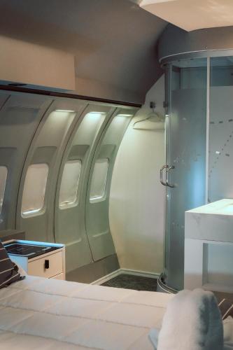 a bathroom with a shower in an airplane at Hotel Avión Air Damasco in Oncativo