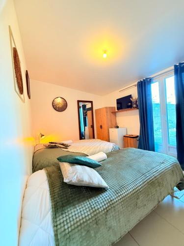 ein Schlafzimmer mit zwei Betten und einem Fenster in der Unterkunft Maison Bon Séjour in Livry-Gargan