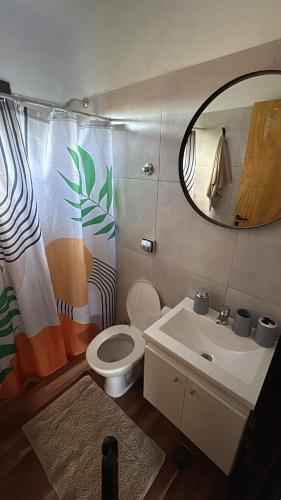 a bathroom with a sink and a toilet and a mirror at Ideal para parejas en Anisacate in Villa Anizacate
