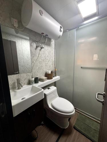 a bathroom with a white toilet and a sink at Cocoon'île in Sainte-Clotilde