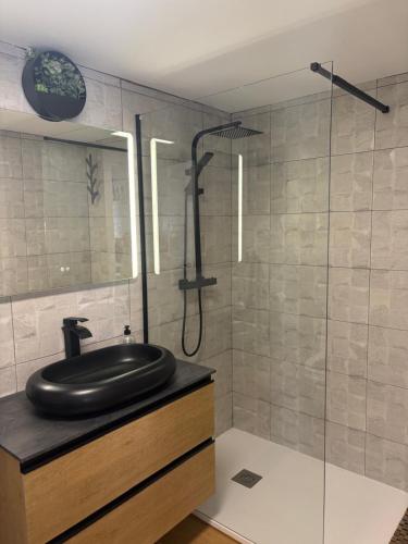 a bathroom with a black sink and a shower at Casa Entremuseos in Zamora