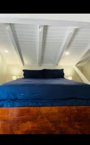a bedroom with a blue bed with a white ceiling at Crump's Loft House in Durban