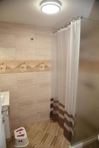 a shower with a shower curtain in a bathroom at C&A Apartment in Gotse Delchev