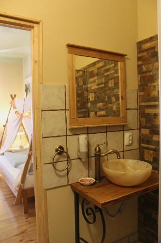 a bathroom with a sink and a mirror at Pensiunea Agora in Cisnădioara