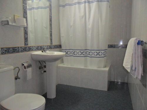 y baño con lavabo, aseo y ducha. en Hostal Ronda, en Córdoba
