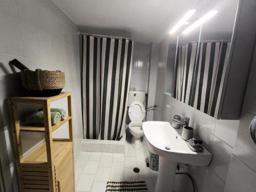 Un baño con lavabo, inodoro y ducha. en Anastasia's House, en Florina