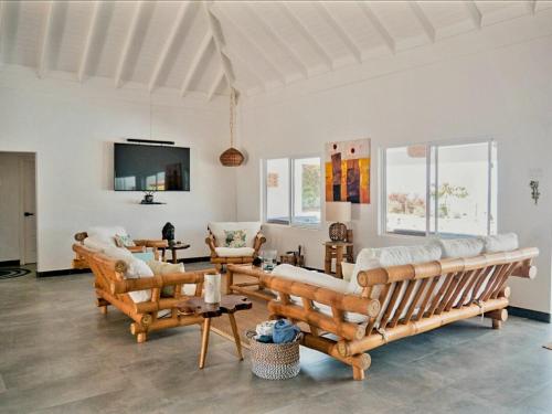 ein Wohnzimmer mit zwei Sofas und einem Fernseher in der Unterkunft Beachfront villa with pool and staff in Treasure Beach