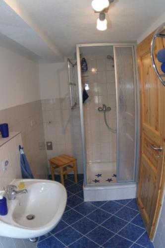 ein Badezimmer mit einem weißen Waschbecken und einer Dusche in der Unterkunft Ferienwohnung Paul in Pirna