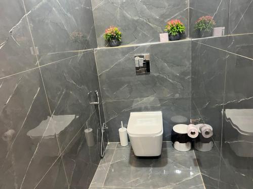 a bathroom with a toilet and a shower with plants at Ohio villa in Sowayma