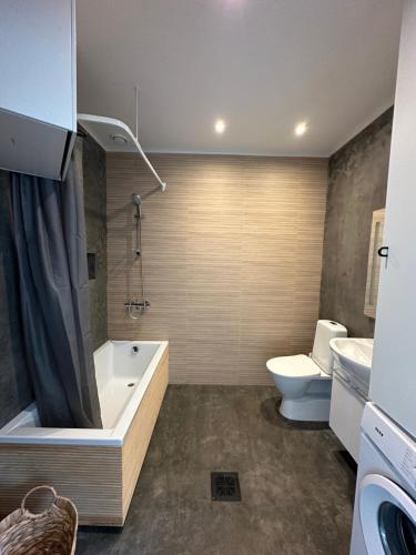a bathroom with a tub and a toilet and a sink at Aurora Apartament in Inari