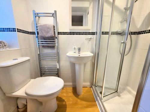 ein Badezimmer mit Toilette, Waschbecken und Dusche in der Unterkunft 1 Belmont Court in Woolacombe