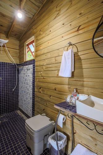 a wooden bathroom with a toilet and a sink at Quinta do Vale: Casa flutuante, 90km de SP - Lago, cascata, piscina, tranquilidade in Itatiba