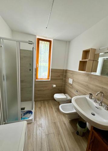 a bathroom with a shower and a sink and a toilet at Appartamento Conca Epolo in Schilpario