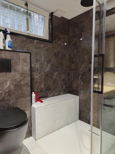a bathroom with a shower and a toilet at Short Stay 33 in Ede