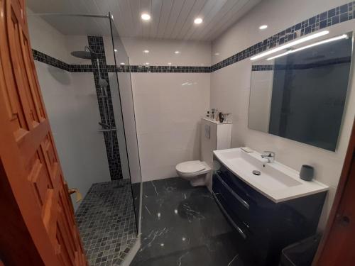 une salle de bain avec toilettes, lavabo et douche dans l'établissement Bel appartement face à la mer 20min de port aventura, à Miami Platja