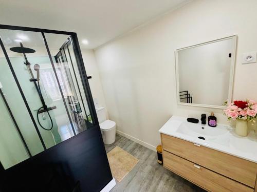 a bathroom with a sink and a shower at Le Maréchal Chic - Centre ville - Rive de Gier in Rive-de-Gier