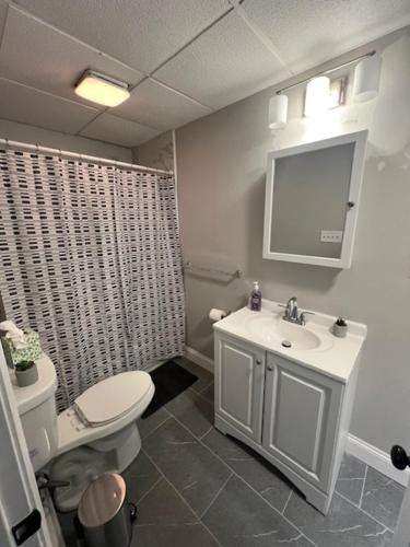ein Badezimmer mit weißer Toilette und Waschbecken in der Unterkunft One bedroom in a 4BR apartment in Lowell in Lowell