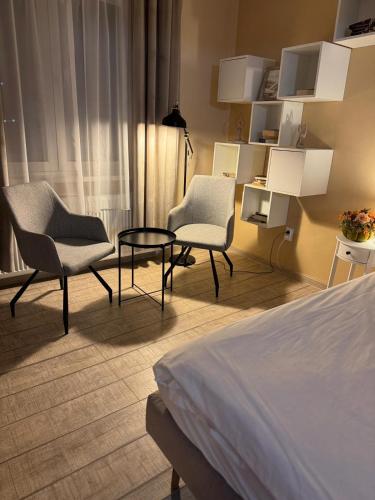 a bedroom with two chairs and a table and a bed at Ingrid Residence in Ocna-Mureşului