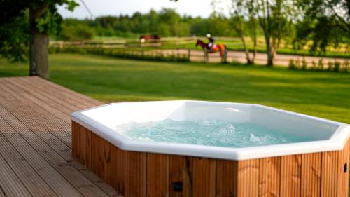 a hot tub on a deck with a horse in the background at Metsapiiga Puhkemaja in Vilina
