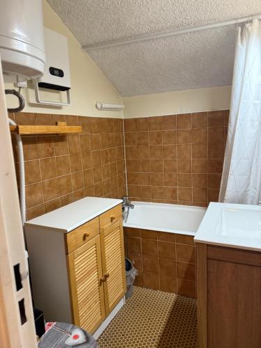 une petite salle de bain avec une baignoire et un lavabo dans l'établissement Montagne, à Risoul