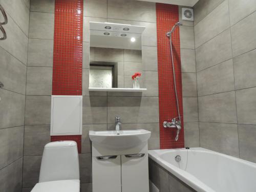a bathroom with a sink and a toilet and a bath tub at Academic apartment in Vinnytsya