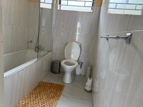 Un baño blanco con inodoro y ducha. en Hippoville, en Mbabane