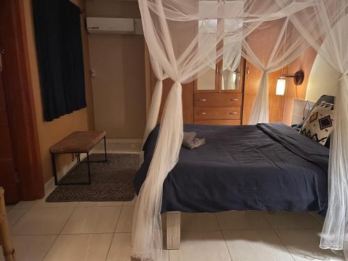 um quarto com uma cama com rede mosquiteira branca em OAsis du VoyAgeuR a peaceful appartement for stop over em Abidjan