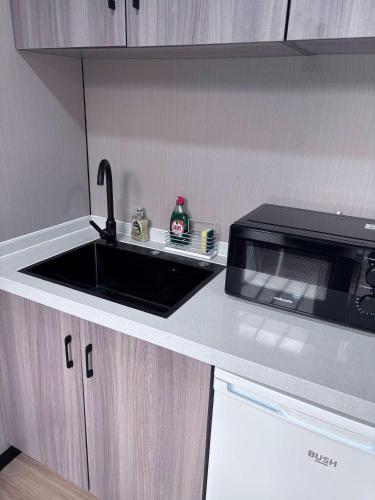 Η κουζίνα ή μικρή κουζίνα στο Glamping Pod with a Hot Tub in Orchard