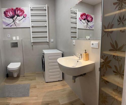 a bathroom with a sink and a toilet and a mirror at Panorama Biegusa 74 in Gliwice