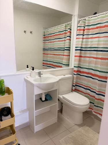 une salle de bain avec un lavabo et des toilettes dans l'établissement Vista de la cuidad céntrica, ubicado a pasos del mall , restaurantes con excelentes conectivilidad, à Rancagua