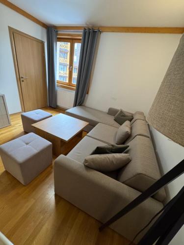 ein Wohnzimmer mit Sofa und Tisch in der Unterkunft Apartment U345 - Aparthotel Vučko Jahorina - private host in Jahorina