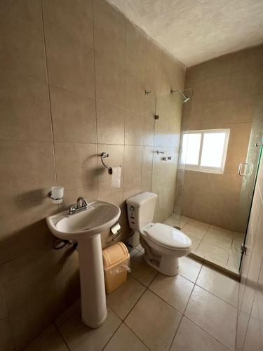a bathroom with a toilet and a sink and a shower at Hotel Habitare mini in Aguascalientes