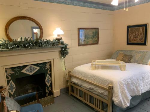 Zimmer mit einem Kamin, einem Bett und einem Spiegel in der Unterkunft Laura's Room in Jonesborough
