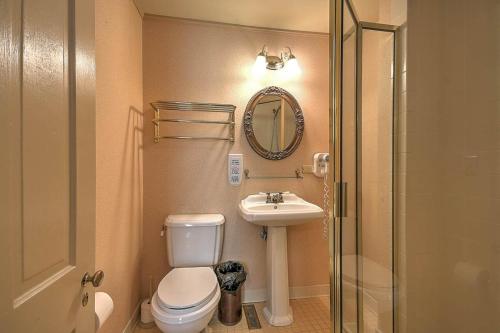 ein Badezimmer mit Toilette, Waschbecken und Spiegel in der Unterkunft The Russell Room in Jonesborough