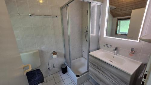 a bathroom with a shower and a sink and a toilet at Ferienhaus Bambi in Haren