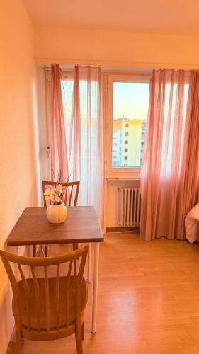 a dining room with a table and two chairs and a window at Hostel City Basel 308 in Basel